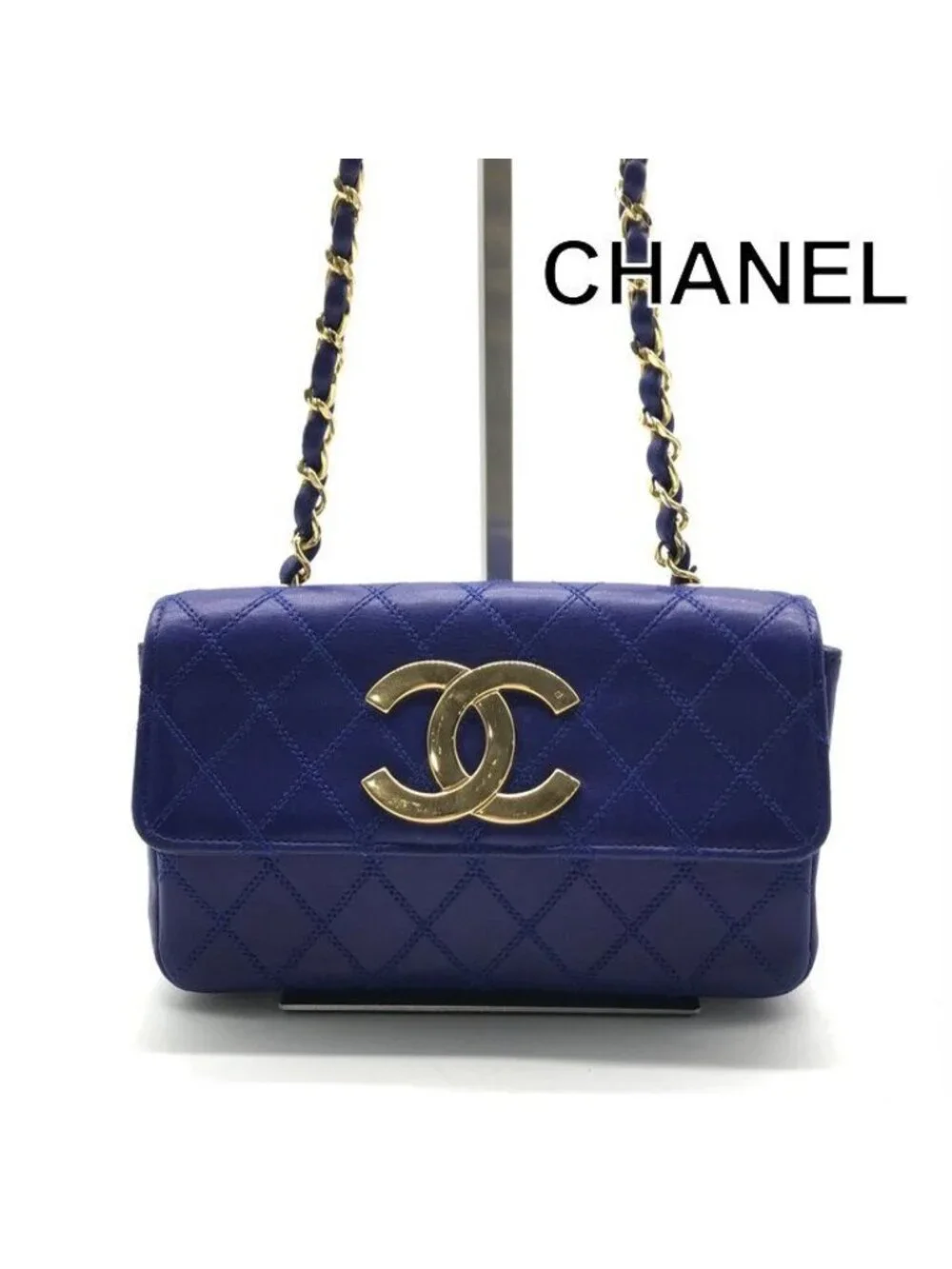 Chanel Bicolor Chain Shoulder Bag Big CC Logo Gold Quilted Blue